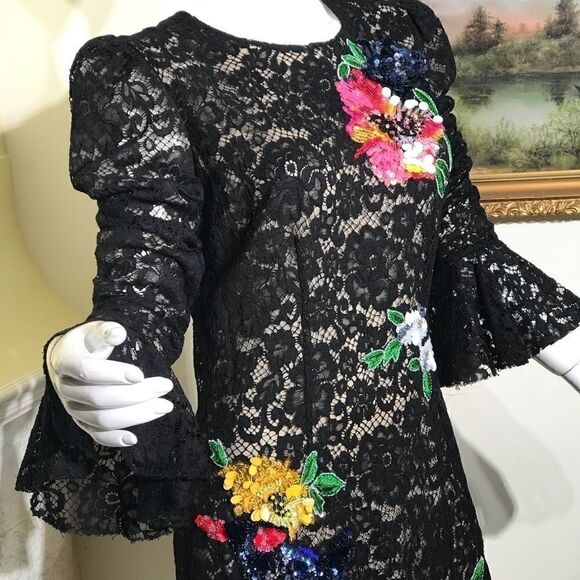 $4,500 Monique Lhuillier Sequin Floral Black Lace Dress - Picture 6 of 9